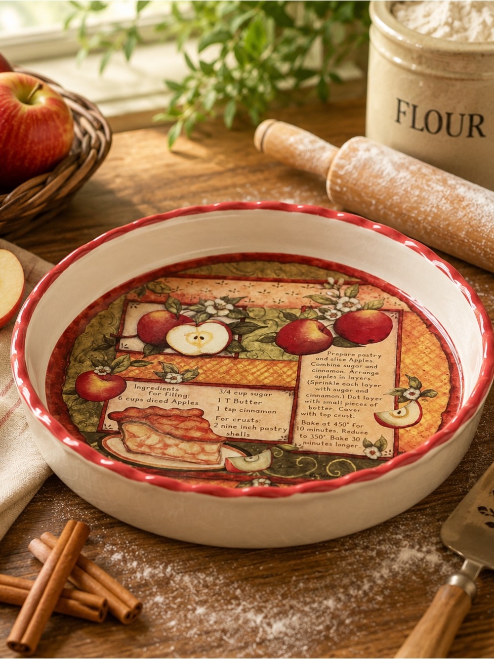 Apple Pie Recipe Ceramic Baking Dish Farmhouse Kitchen Decor